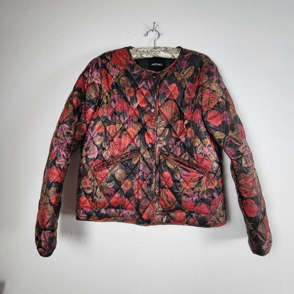 Monki Womens Medium Black Multicolor Floral Quilted Coat Jacket Snap Front Lined